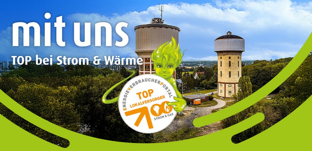 Imagefoto Wassertürme mit Top-Lokalversorger Siegel im Vordergrund